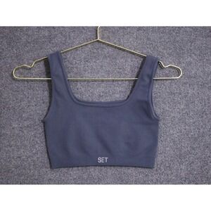 Set Active Slate Blue Ribbed Square Neck Sports Bra Crop Tank‎ Top Medium NWOT